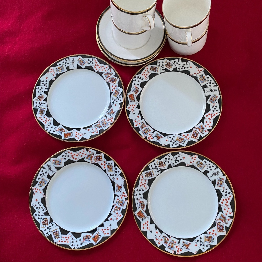 Tiffany Playing Cards Luncheon Plates + Royal Doulton Cups/Saucers - set of 4